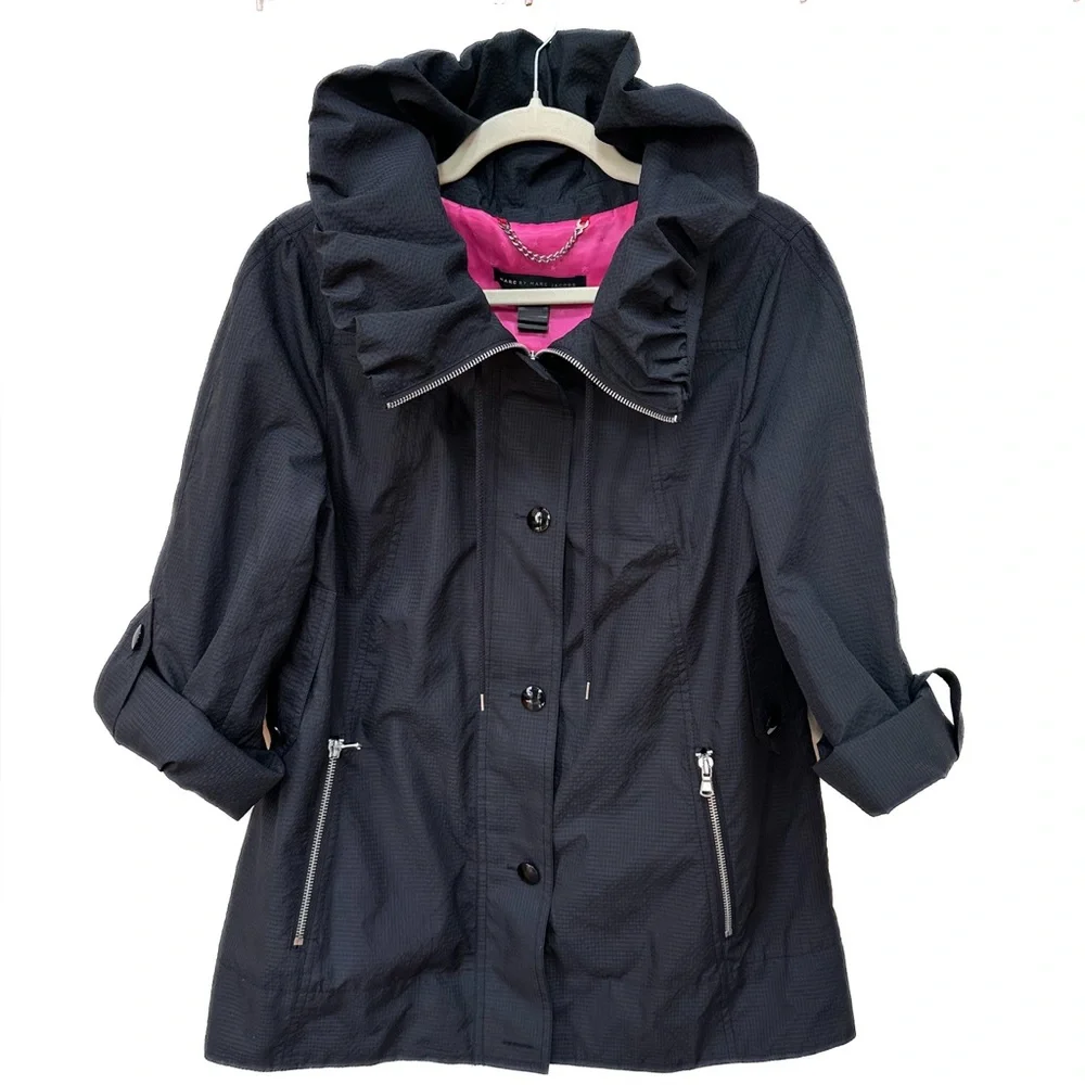 Marc by Marc Jakobs Black Rain Coat Lightweight Jacket Pink Lining Zip & Button